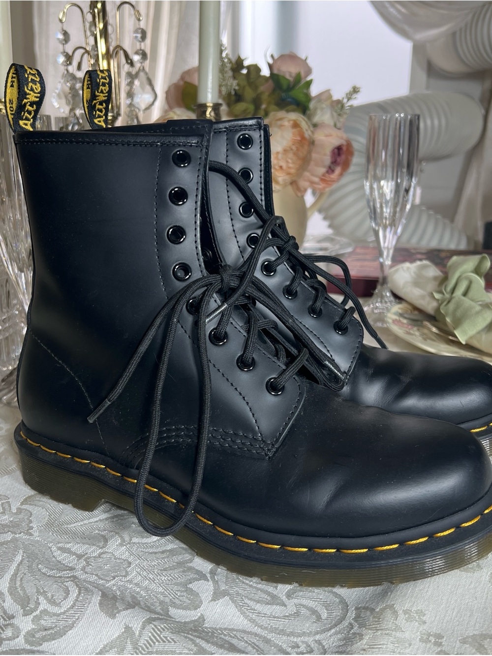 Dr. Martens Black Leather 8-Eye Work Boots with Yellow Stitching